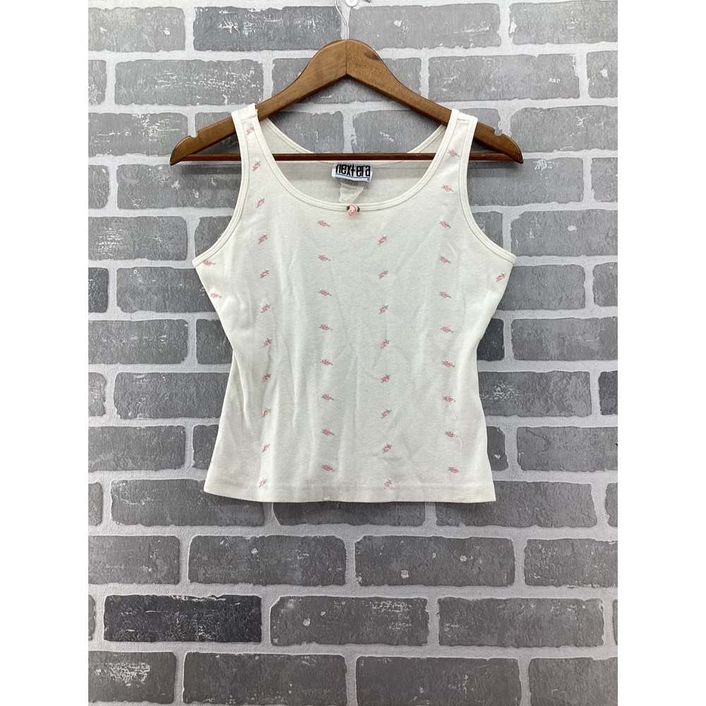Vintage Next Era Tank Top Cream Pink Rosebud Embroidered Rosette 90s Made in USA
